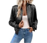Black Women Bomber Jacket Velvet Cardigans - Zip Up, Collarless, Elastic Cuff Hemline, Plain Colour, Shiny Jacket for Ladies Going Out Party XXL