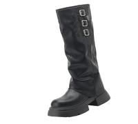 Black Women Buckle Knee High Boots Fold Over Slouchy Riding Combat Boot Round Toe Platform Lug Sole Chunky Low Heels Pull on Biker Vintage Ruched Long Tall Boots Footwear Trendy UK 6 Clearance