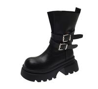 Black Women Comfortable Thick Sole Belt Buckle Boots for Fall and Winter Season with Block Heel Easy Wear and Casual Vibes