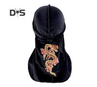 (black) Women Kerchief Chinese Style Dragon Embroidery Lace-up Strap Adjustable Golden Velvet Windproof Solid Color Pirate Headcloth Nobility Symbol Scarf
