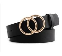Black Women’s Belt with a Double-Ring Gold Buckle and Durable Faux Leather Design,Offering an Adjustable Comfortable Fit for Dresses Jeans and High-Waist Outfits with a Chic Modern Touch (Black)