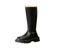 Black Women’S Long Riding Boots Fall Winter Fleece Lined Round Toe Mid Heel Thick Sole Plus Size Warm Comfortable Textured Back Zipper