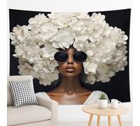 black women tapestry trendy African American with sunglasses flower fashion black white Polyester wall art for indoor home decor wall hanging for home college dorm Accessories tapestry 90x70 Inch