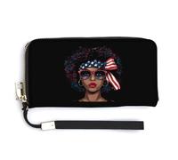 Black Women US Flag Melanin Afro 4th of July African American Leather Wallet Fashion Purse Long Pouch with Wrist Strap for Men Women
