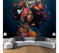 Black Women Wallpaper 300×210 Cm Wallpaper 3D Effect for Living Room Fireplace Feature Wall Bedroom Ceilings Kitchen, Butterflies and Flowers Mural Home Decor Dark Blue