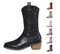 Black Women Western Cowboy Boots Metallic Pointed Toe Embroidered Cowgirl Boot Mid-Calf Pull-On Chunky Heel Ankle Mid Shaft Fashion Boots Country Music Festival Vintage Calf Length Booties UK 5.5