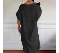 Black Womens Dresses Cotton Linen Raw Hemline V Neck Midi Dress Ladies Chic Casual Shift Dress Solid Colour Loose Fit Baggy Beach Sundress Holiday Loungewear XL