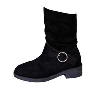 Black Women's Faux Suede Chunky Low Heel Ankle Booties Pull on Fashion Round Toe Buckle Booties Slouchy Calf Boots Shoes Slouch Boot Footwear Gift UK 7.5