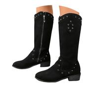 Black Women's Faux Suede Knee-High Boots Mid Chunky Block Low Heel Studded Western Cowboy Boots Pointed Toe Pull on Side Zipper Slouch Riding Boots Footwear Gift UK 6