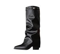 Black Womens Fold Over Knee High Boots Pointed Toe Chunky Block Heel Platform Long Boots Wide Calf Slouchy Pull On Dress Tall Booties Chic and Grace Riding Biker Boot Country and Western Shoes size 3