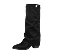 Black Womens Fold Over Knee High Boots Pointed Toe Chunky Block Heel Platform Long Boots Wide Calf Slouchy Pull On Dress Tall Booties Chic and Grace Riding Biker Boot Country and Western Shoes size 5