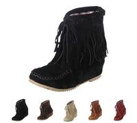 Black Women's Fringe Western Cowgirl Boots Wide Fit Ankle Boots Cowboy Boot, Pull on Vintage Boho Suede Moccasins Shoes Moccasin Short Booties Footwear UK 7