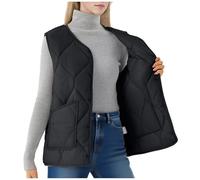Black Womens Gilets Sleeveless Down Coats UK Plus Size Thermal Jackets V Neck Buckle Down Vest Jacket Plain Colour Body Warmer with Pockets Outdoor Quilted Gilet Waistcoat, XXL