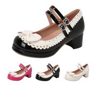 Black Women's Girls Kawaii Mid Block Heel Mary Jane Sweet Bowknot Double Buckle Strap Platform Round Toe Chunky Heel Cute Sweet Shoes Pumps Party Dress Shoes Footwear UK Size 7
