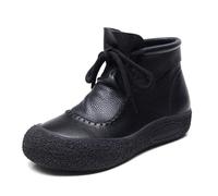 Black Women's Orthopedic Leather Platform Ankle Boot Round Wide Toe Box Casual Mid Calf Booties Retro Comfortable Lace-Up Anti-Slip Soft Sole Booties Fall Winter Walking Boots Footwear Gift UK 7
