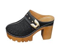 Black Womens Platform Platform Heel Mule Clogs Backless Slip On Floral Cut Out Breathable Metal Buckle Rivet Closed Toe Retro Casual Summer Walking Shoes UK Size 7