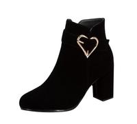 Black Women's Side Zip Chunky Heels Ankle Boots ,Faux Suede Round Toe Block High Heel Ankle Boots Vintage Elegant Short Boots Fall Winter Shoes with Heart-Shaped Buckle Decor Footwear Gift UK 5.5