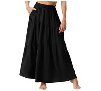 Black Womens Skirts Stretch Solid Color Elegant A-Line Skirt High Waist Ruffle Tulle Layered Skirts Festival Outfits Clothing Casual Pleated Maxi Skirt for Beach Party Size XL