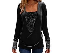 Black Women's Velvet Sequin Tops, Long Sleeve Sparkly Tshirt Square Neck Glitter Shirts & Blouse Plus Size Xmas Party Evening Club Ladies Top UK