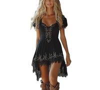 Black Women's Vintage Western Cowboy Denim Dress - Floral Lace Trim Off Shoulder Flare Dress Halloween Costume 70S Inspired Prairie Outfit Country Party Dresses Ladies Cowgirl Retro Cosplay Wear