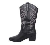 Black Women's Waterproof Cowboy Boots, Slip-On Mid Calf Western Boots with Embroidery, Comfortable & Stylish Cowgirl Booties for Party, Prom, Night Out and Daily Wear