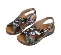 Black Women's Wedges Orthopedic Sandals for Plantar Fasciitis Summer Comfort Walking Sandal with Arch Support Ladies Slingback Wedge Leather Back Strap Open Toe Wide Fit Sandals Summer Shoes Size 6