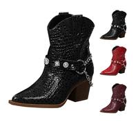 Black Womens Western Cowboy Boots Ankle Boots with Metal Chain Pointed Toe Cowgirl Boot Pull-On Stylish and Beautiful Party Dressing Boots for Ladies Metallic Shinny Short Booties Footwear UK 5