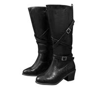 Black Womens Winter Mid Knee High Boots Wide Calf Stacked Chunky Mid Heel Slouchy Metal Buckle Belt Wrapped Side Zipper Fashion Winter Shoes Round Toe Warm Lining Footwear Trendy UK 4.5 Clearance