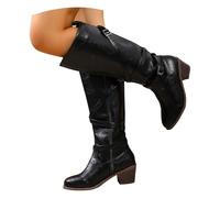 Black Womens Winter Mid Knee High Boots Wide Calf Stacked Chunky Mid Heel Slouchy Metal Buckle Belt Wrapped Side Zipper Fashion Winter Shoes Round Toe Warm Lining Footwear Trendy UK 6 Clearance