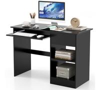 Black Wooden Computer Desk with Adjustable Upper Shelf, Pull-Out Keyboard Tray, 2 Open Shelves and Cable Management