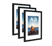 Black Wooden Picture Frame A3 with Mat,Set of 3, Mount for A4 Picture or Certificate,Wall Mountable