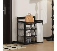 Black Wooden Shoe Rack with Dust-Proof Curtain, Removable Shelves, Translucent Side Panels for Entryway, Bedroom, Hallway - 90x23x57cm
