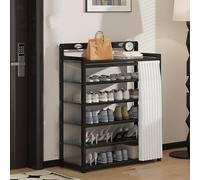 Black Wooden Shoe Rack with Dustproof Curtain, Removable Shelves, Translucent Side Panels - Entryway, Bedroom, Hallway Storage Cabinet (90x23x87cm)