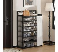 Black Wooden Shoe Rack with Dustproof Curtain, Removable Shelves, Translucent Side Panels - Entryway, Bedroom, Hallway nizer (90x23x105cm)