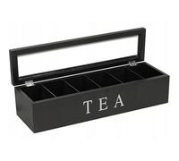 Black Wooden Tea Bag Storage Box | 6 Compartment Tea Chest Organiser for Kitchen & Home | Tea Caddy for Herbal Fruit & Breakfast Teas - 43cm