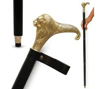 Black Wooden Walking Cane with Brass Lion Head Handle Vintage Style Cane with Leather Strap for Men and Women Ideal for Cosplay, Historical Reenactments, or Collector’s Gift