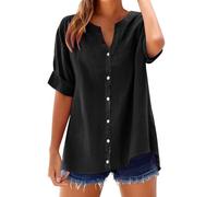 Black Work Blouses for Women UK Ladies Plus Size Summer Tops Short Sleeve Button Down Casual Tees Shirts V Neck Loose Dressy Blouses Oversized Tunic Tops Holiday 01 Black XL