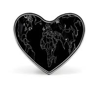 Black World Map Heart Pin, 1 Inch Metal Love Lapel Pins - Lightweight, Smooth Edges, Versatile Badge Brooch for Jackets, Shirts, Bags, Gifts for Friends, Family