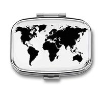 Black World Map Pill Box 2 Compartments Portable Travel Pill Case Mini Medicine Organizer for Pocket Purse Metal Waterproof Medicine Container Holder Vitamin Fish Oil