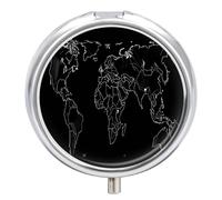Black World Map Pill Box - 3 Compartment, Round Metal Pill Case with Mirror, Portable Medicine Holder for Purse/Wallet/Travel