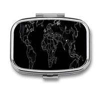 Black World Map Pill Box Elegant Metal Pill Case with 2 Compartments, Slim Portable Medicine Organizer for Purse, Pocket, Travel