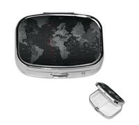 Black World Map Pill Box with Mirror, 2 Compartment Small Pill Case for Purse Or Pocket Mini Metal Pill Holder Travel Weekly Medicine Tablet Vitamin Holder Organizer Travel Gifts