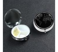 Black World Map Pill Box with Mirror 3 Compartment Decorative Pill Case for Purse or Pocket Small Round Pill Organizer Weekly Metal Medicine Tablet Vitamin Holder Travel Gift