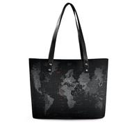 Black World Map Tote Bag Large Soft Leather Purse with Zipper Lightweight Ladies Shoulder Handbag