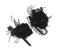 Black Wrist Corsage and Boutonniere Set, 2Pcs Silk Flower Gothic Wedding | Lightweight, Easy to Wear, for Bride and Bridesmaid, Indoor Ceremonies, Outdoor Events