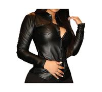 (Black, XL) 1Pc Stylish Women Top Turndown Collar Solid Color with Pockets Women Shirt Slim Faux Leather Cool V Neck Blouse for Daily Wear