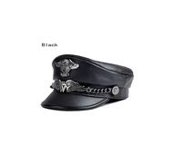 (Black, XXL 59 60cm) Unisex German Military Cap Man For Leather Flat Top Hat Korean Fashion Eagle Mark Chain Punk Locomotive Casquette Male