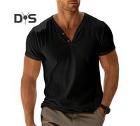 (black, XXL) Men's Henry Collar T-shirt Short Sleeve Solid Color Summer Tee Shirt Cotton Blend Casual Top for Daily Wear Beach Travel