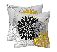 Black Yellow Pillow Covers 18x18 Inch Dahlia Spring Summer Throw Pillows Geometric Floral Elegant Line Square Cushion Cases Farmhouse Outdoor Home Decor for Sofa Bed Living Room, Set of 2