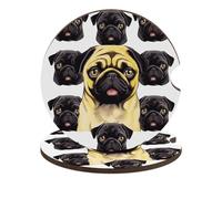Black Yellow Pug 2PCS Car Coasters Absorbent Drink Coasters with A Finger Universal Wood Coffee Coaster for Cup Holders Non-Slip Car Cup Holder Coaster Cute Drink Mat Car Accessories for Women Men